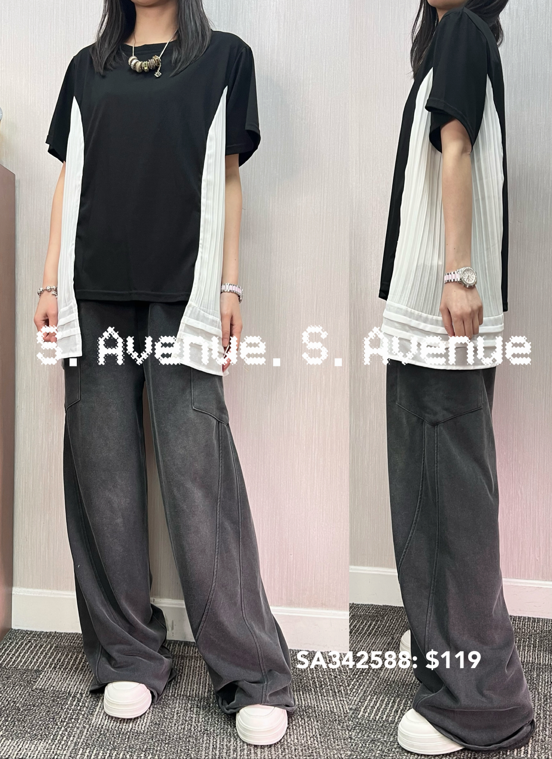 SA342588: 短袖側拼白色壓撍雪紡A字tee