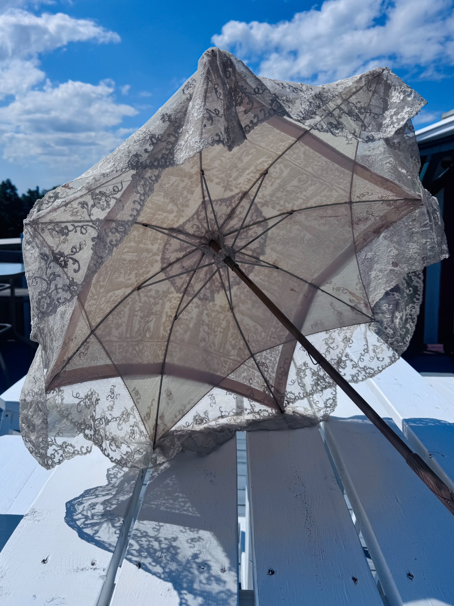 Antique Late Victorian/ Edwardian Lace Parasol with Carved Wooden Handle, c. 1890–1915 (MT2617)