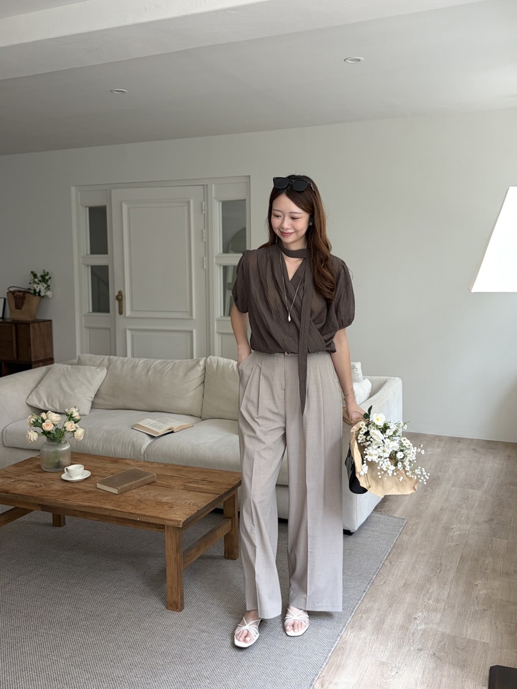Louise Wrap Blouse with Tie (Brown)