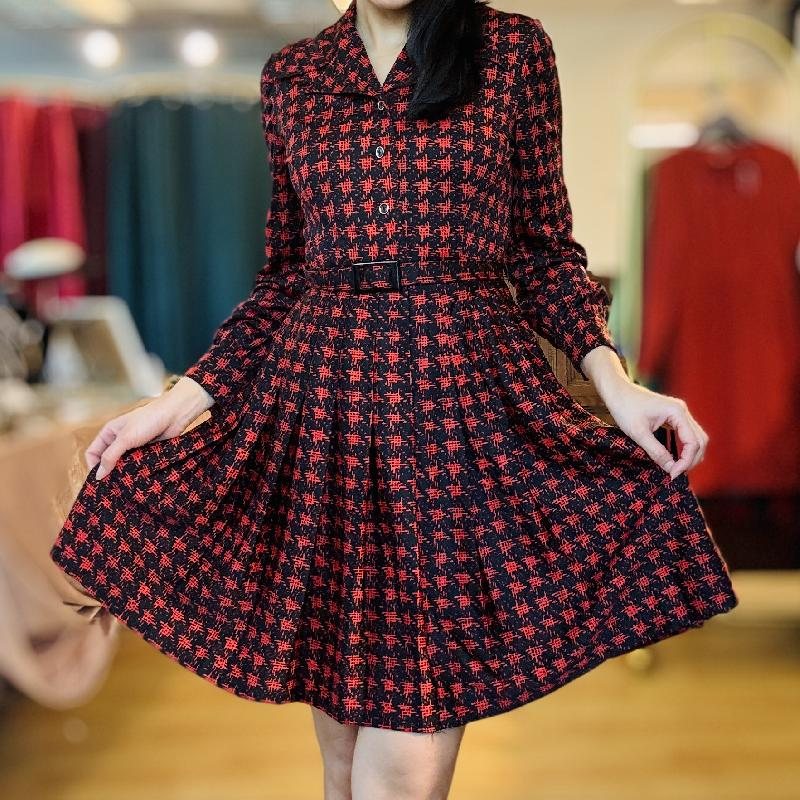 C.a. 1970s Micalady Tokyo Jonathan Logan New York Black & Red Short Pleated Dress with Original Belt(MT2260-2)
