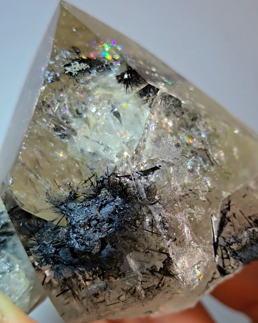 Black tourmaline inclusion smoky quartz with rainbows - RT1457