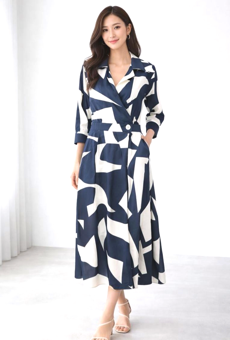Printed Long Dress with Collar