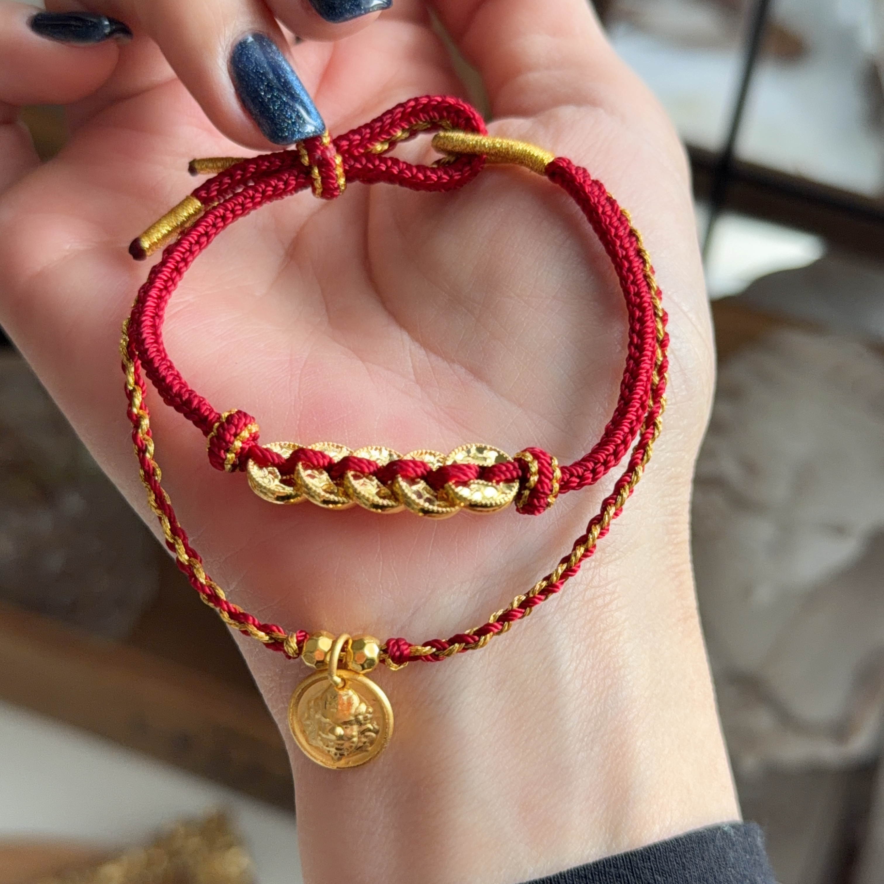 999硬金五帝幣+黃財神襯手绳