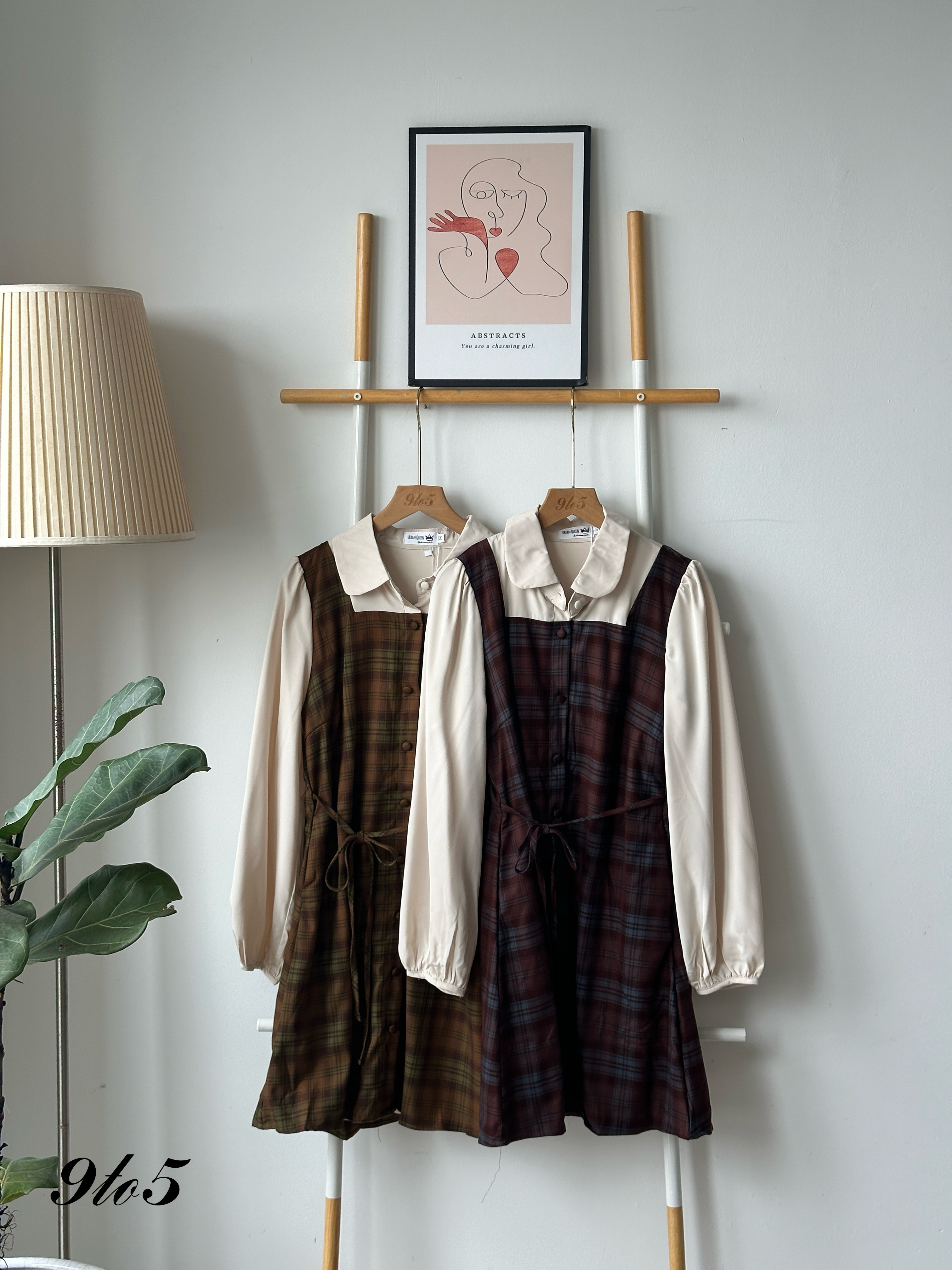 D2340 Fake Two-Piece Checker Dress - Chesnut & Olive