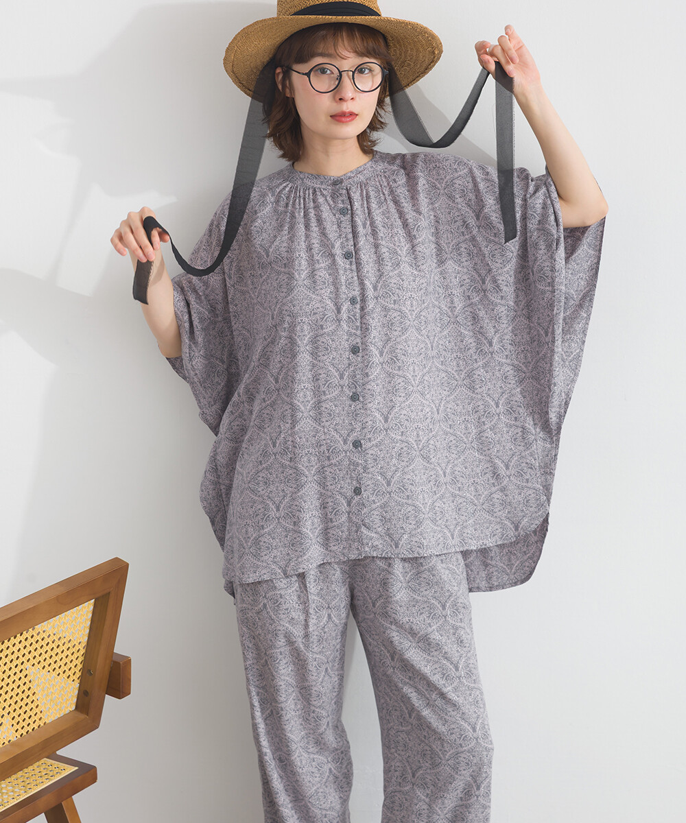 LP - 植物圖案鈕扣襯衫 (煙藍色)