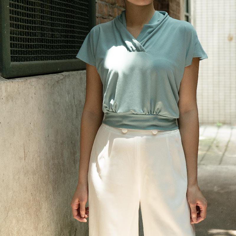 (SOLD OUT)1930s Inspired Teal Green Knitted Fabric Batwing Top(FM107)