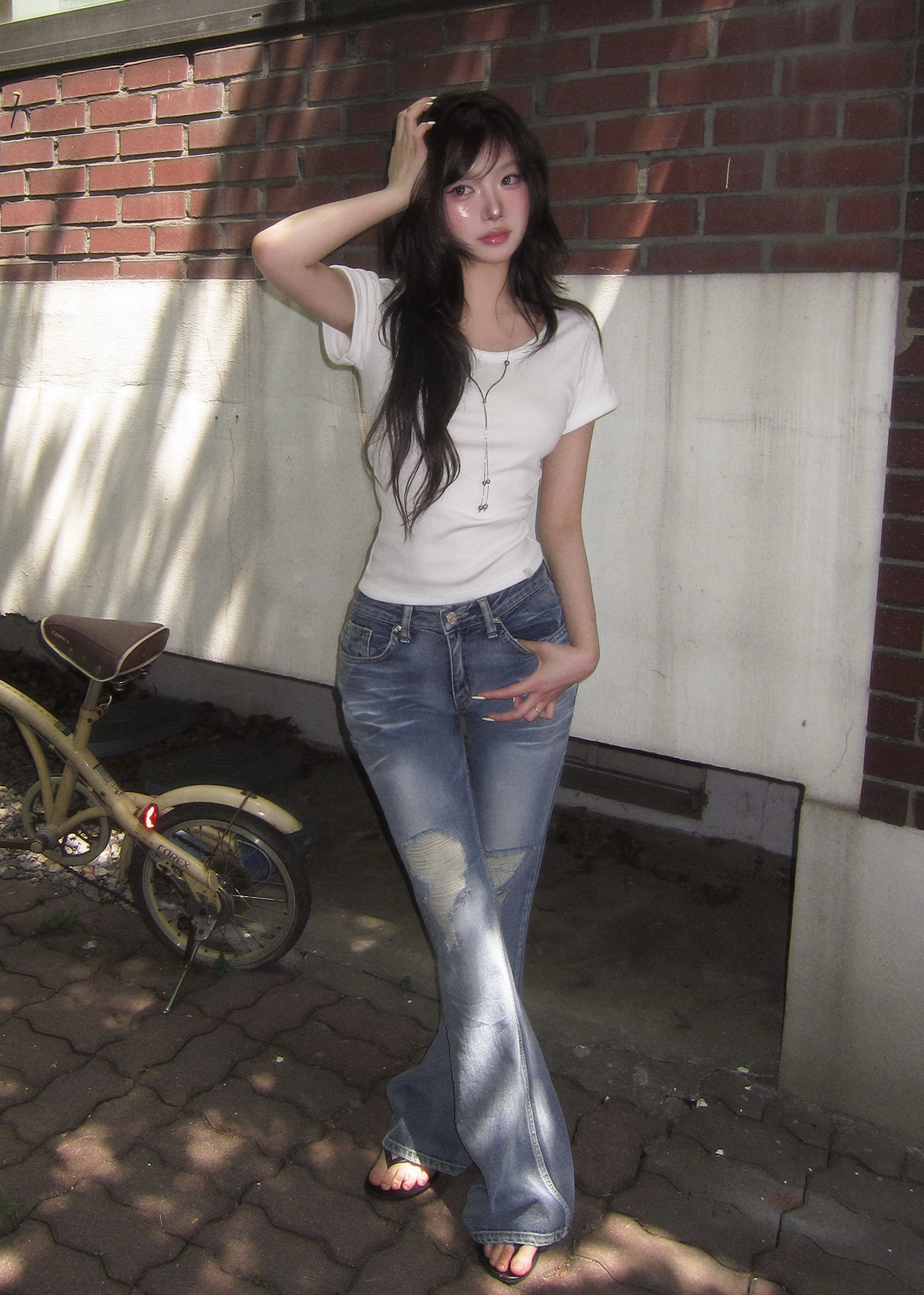 Washed Distressed Flare Jeans