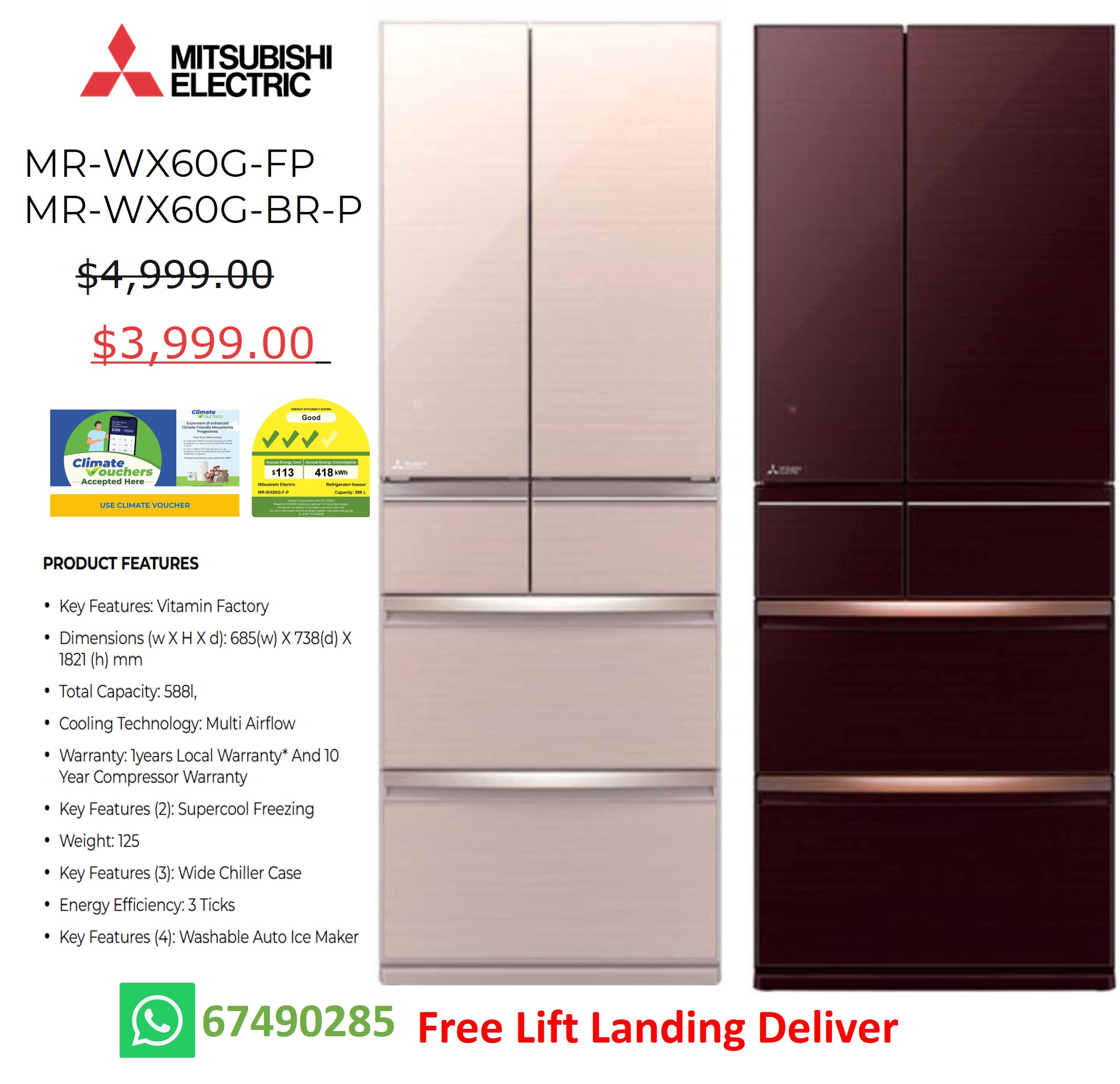 MITSUBISHI MR-WX60G-W-P 6 DOOR REFRIGERATORS (689L)