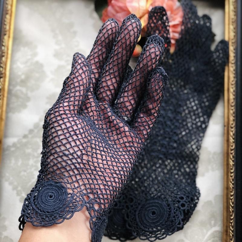 RARE! Vintage Pre-1950s Midnight Blue Hand-Crocheted Rose Trimmed and Square Motif Pattern Gloves (MT1916)