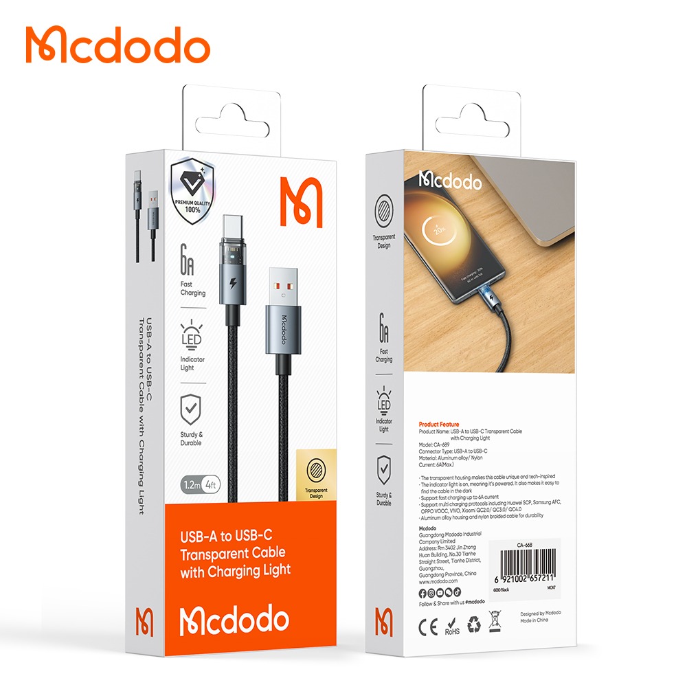 MCDODO CA6911 A TO L TRANSPARENT CABLE WITH CHARGING LIGHT-CABLE:A-L