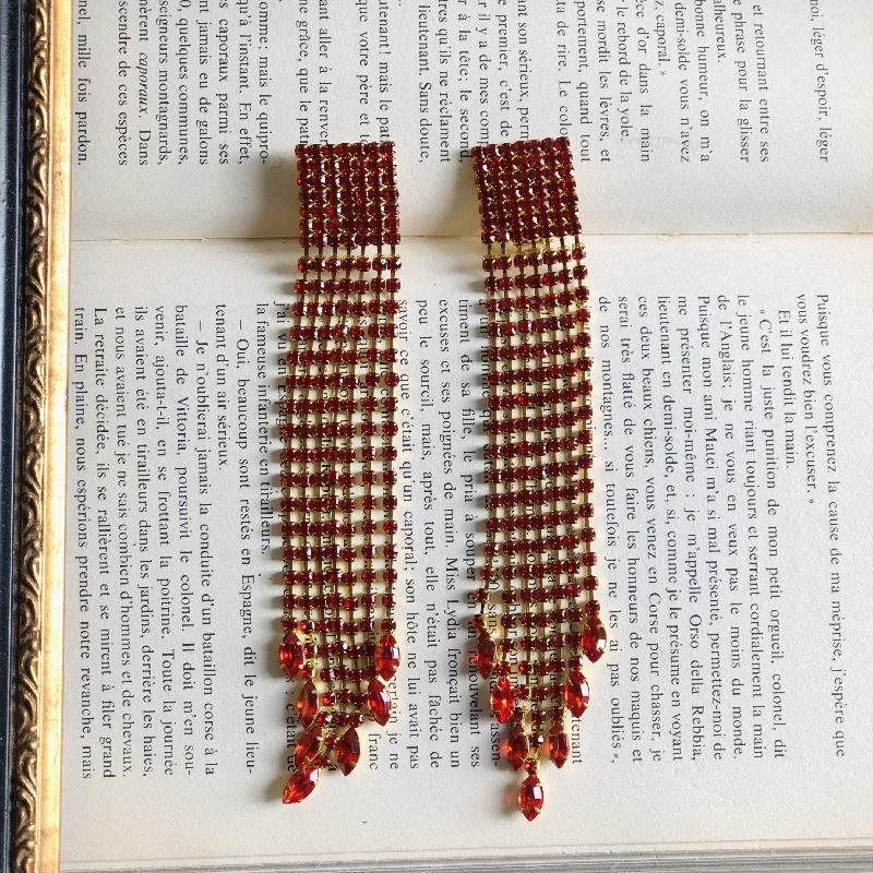 C.a. 1980s Red Rhinestone Extra Long Waterfall Tassel Clip Earrings(MT1801)