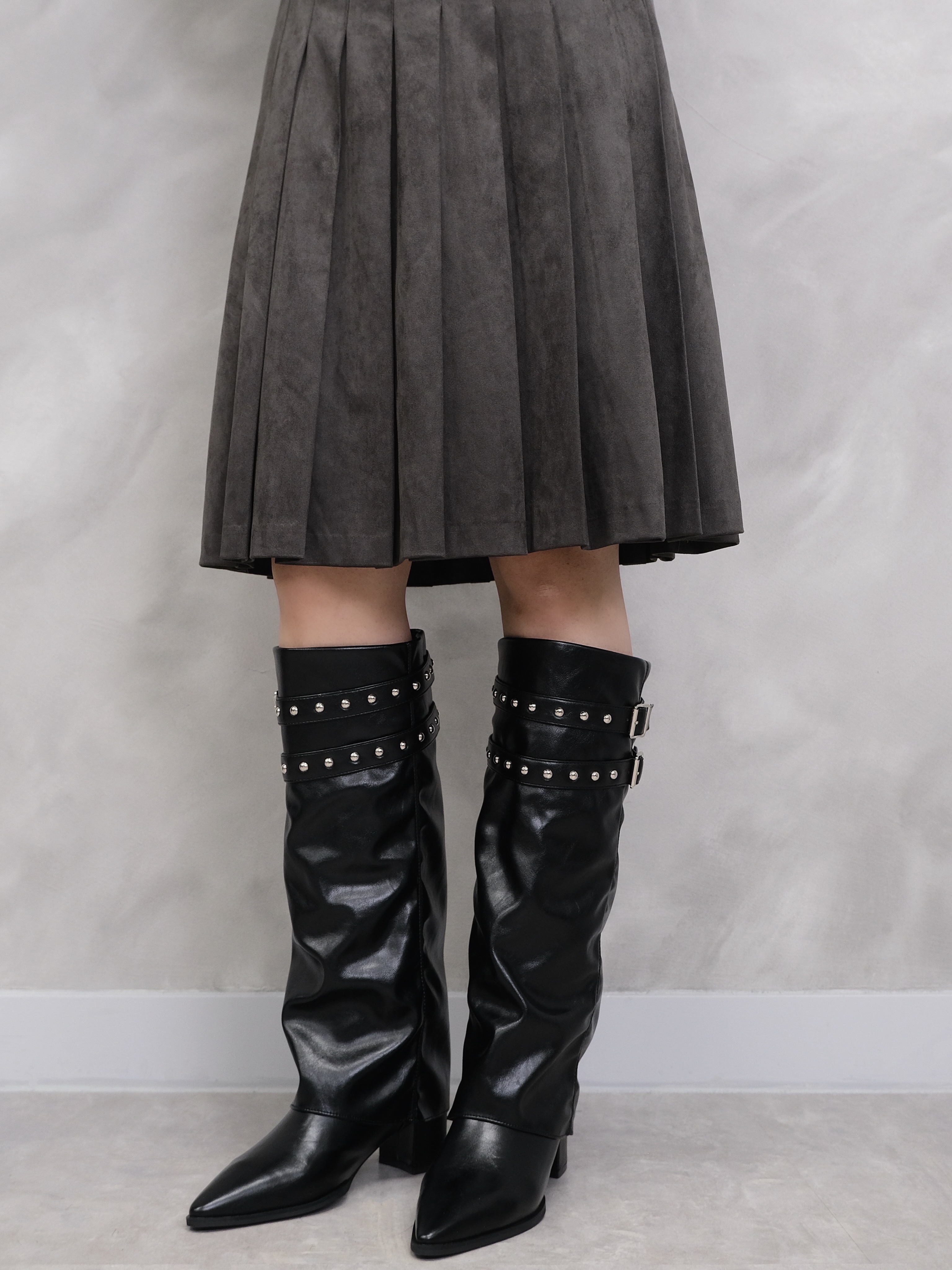 Pointed Studded Buckle Tall Boots