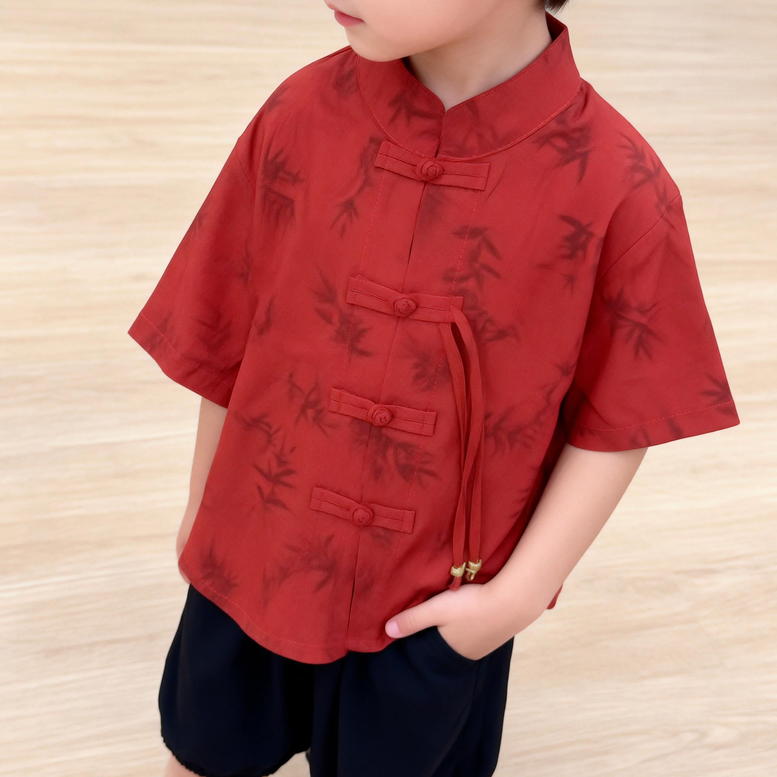 451448 | Boys' Traditional Chinese Style Tang Suit Set - Red Bamboo Print Shirt with Black Bloomers