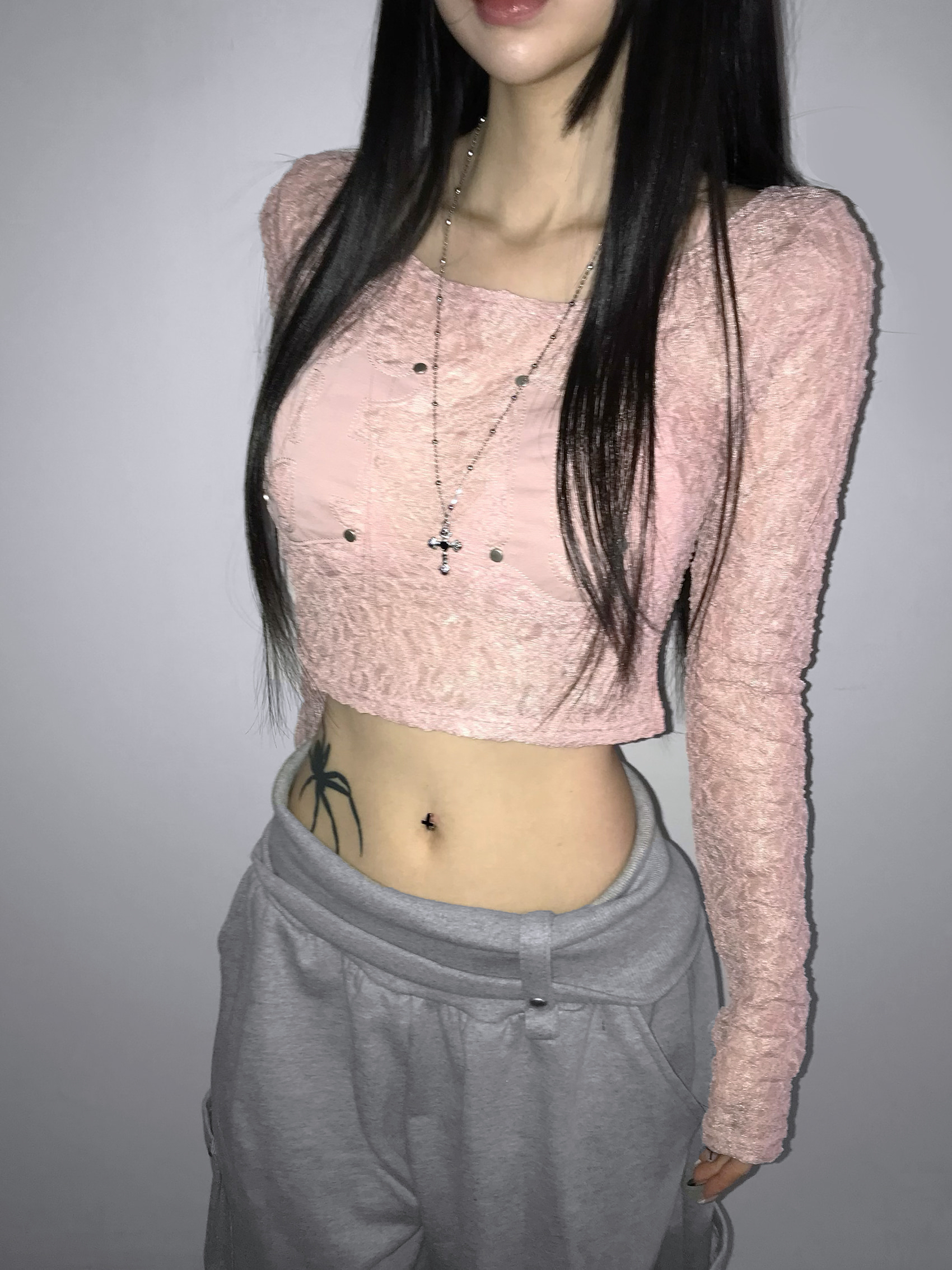 Sheer Lace Round Neck Crop Top