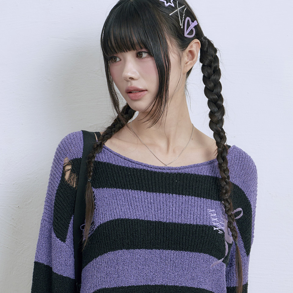 Venhit x Kuromi Striped Damaged Knit (Purple)
