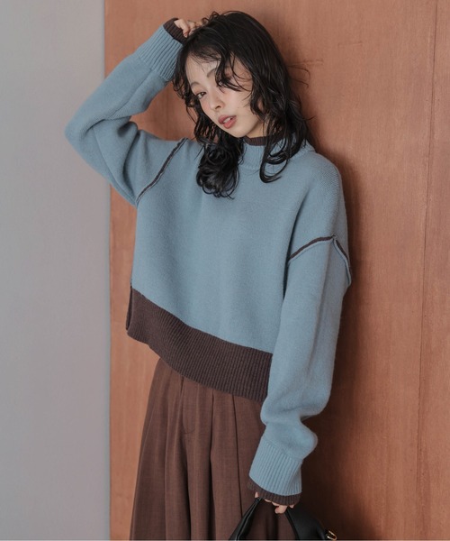 雙面撞色高領針織上衣【JT023】 