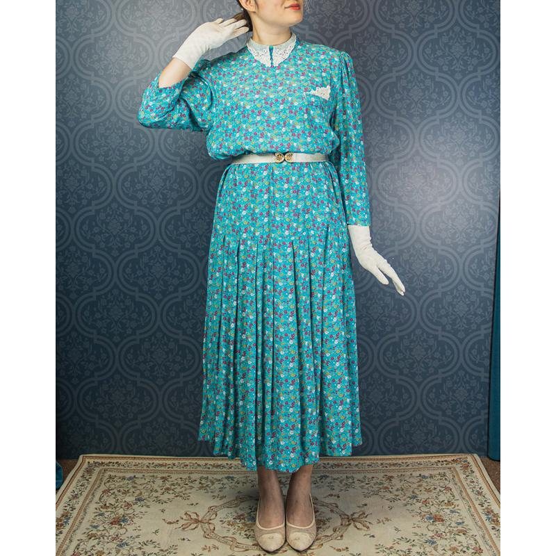 C.a. 1980s Karin Stevens Scattered Floral Pattern Turquoise Low Waist Dress with low Waist collar - Plus Size(MU103-10)