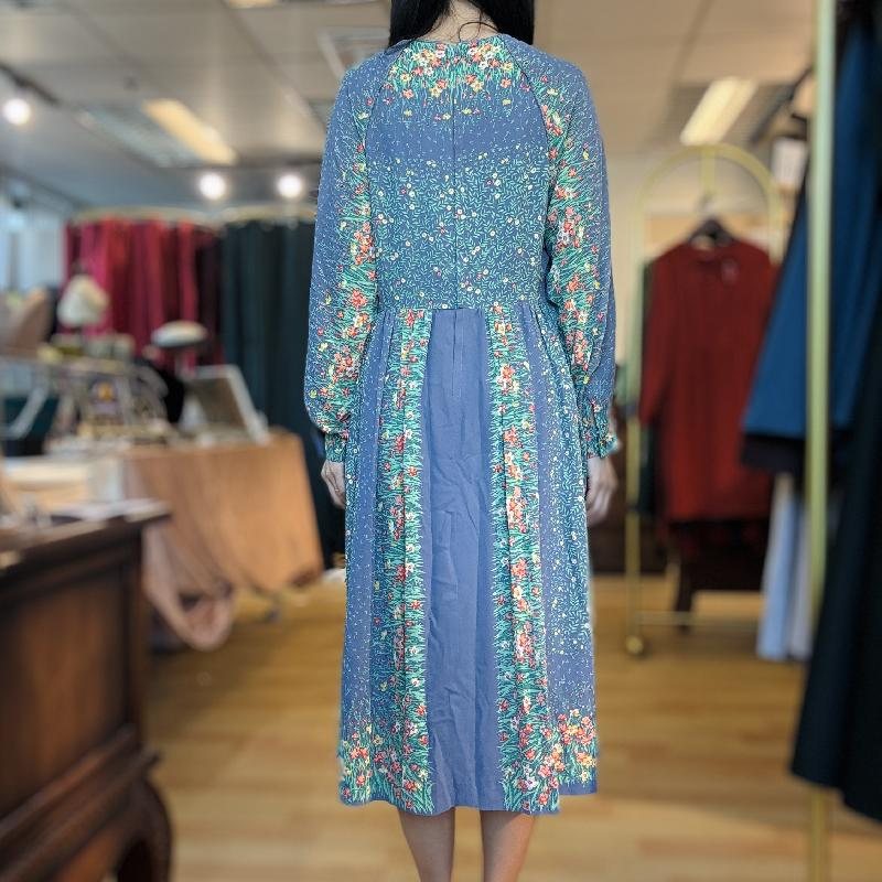 Vintage Square Neckline Spring Floral Front Pleat Chiffon Dress (MT2260-24)