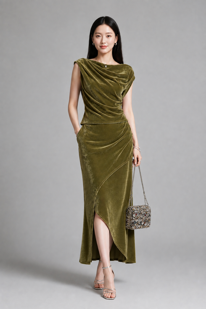 303714+601162 Aqua Elegance Draped Top & Asymmetric Maxi Skirt Set
