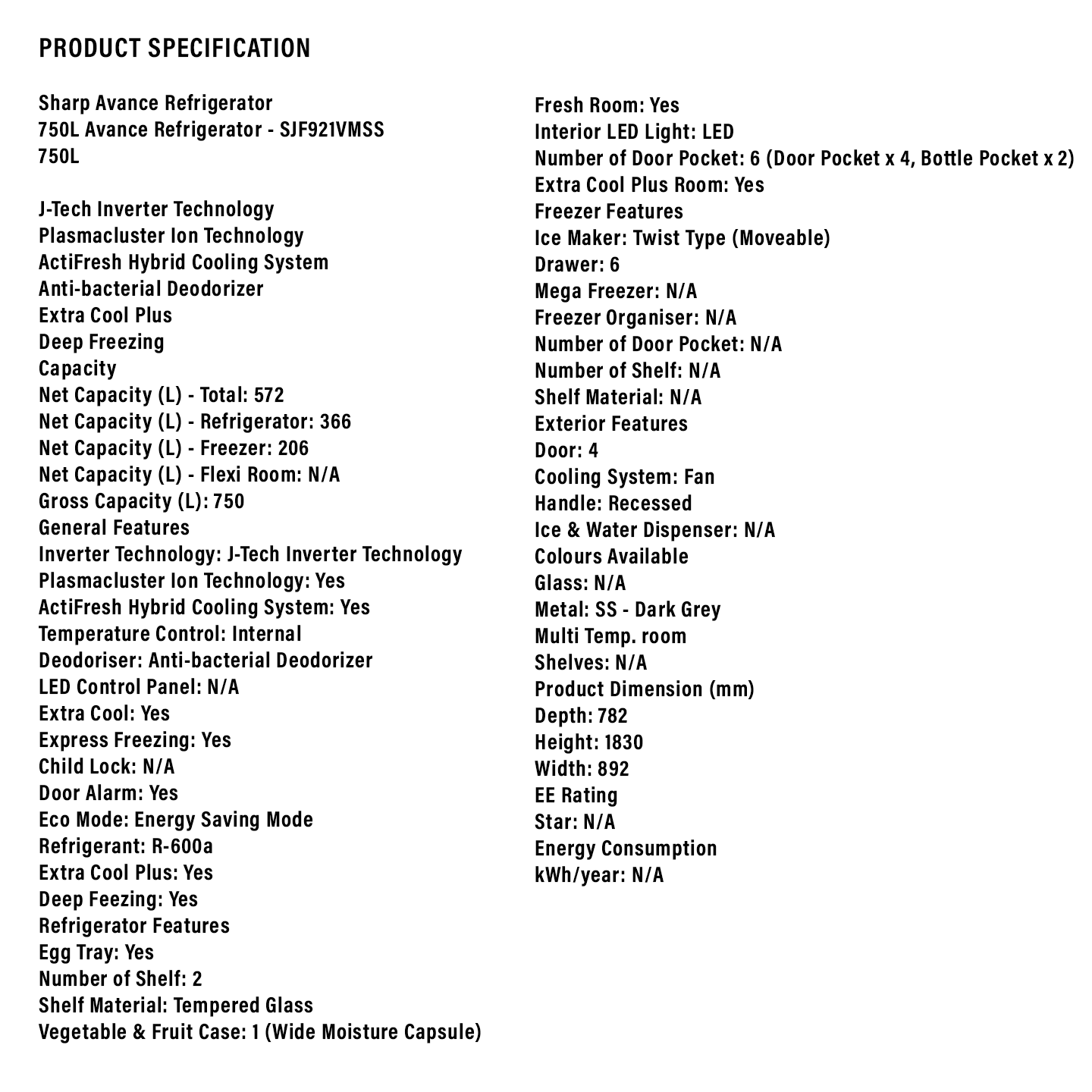 Sharp 750L Avance Stainless Steel 4-Door Refrigerator (SJF921VMSS)