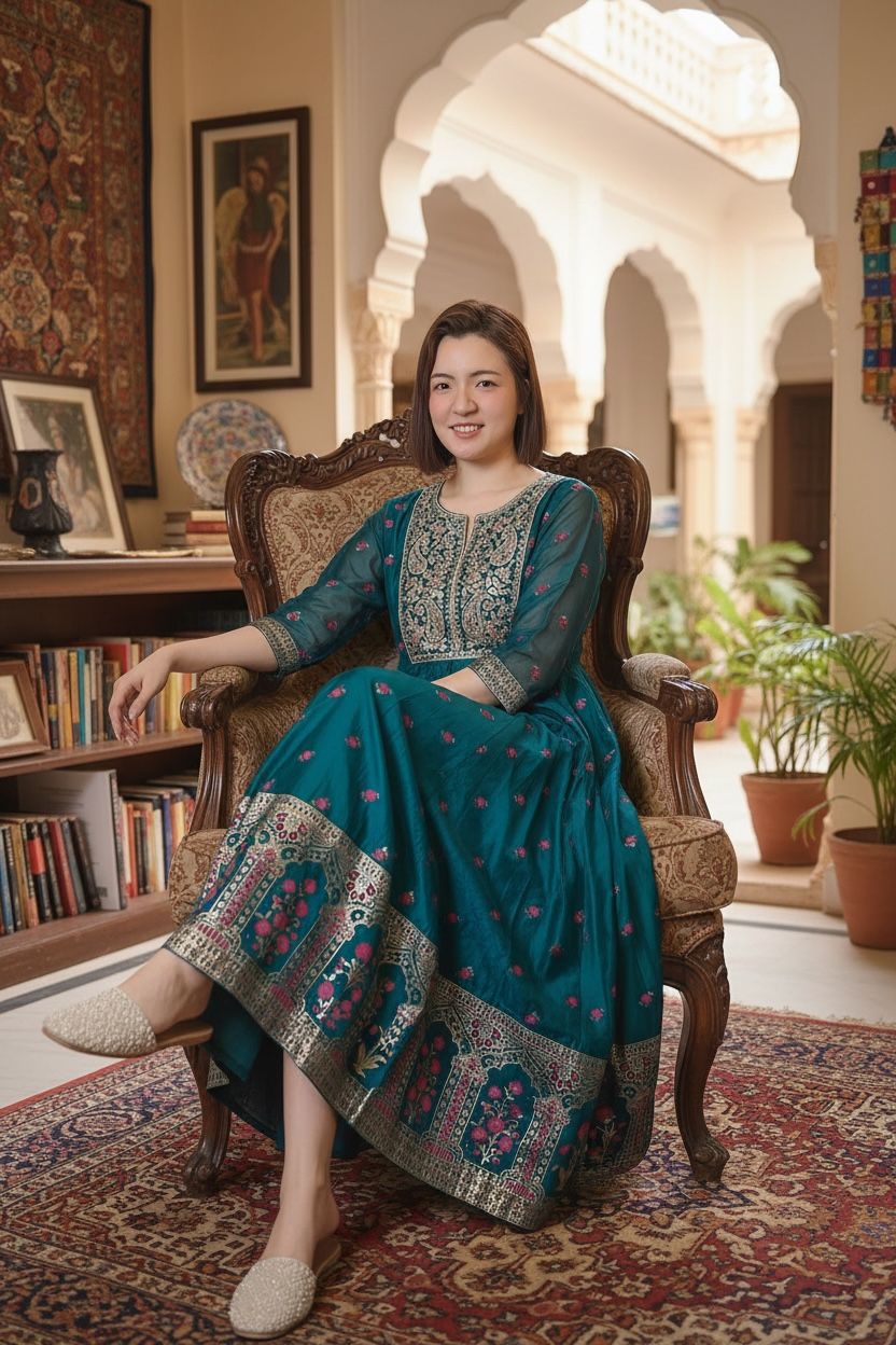 Peacock Green Heavy Emb. with Pink Rose SIlky OP #1070