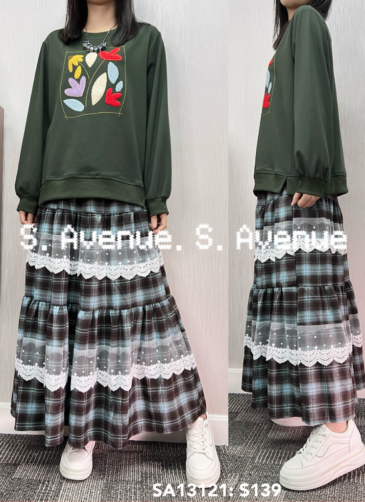 SA13121: 長袖植絨印樹葉圖案tee