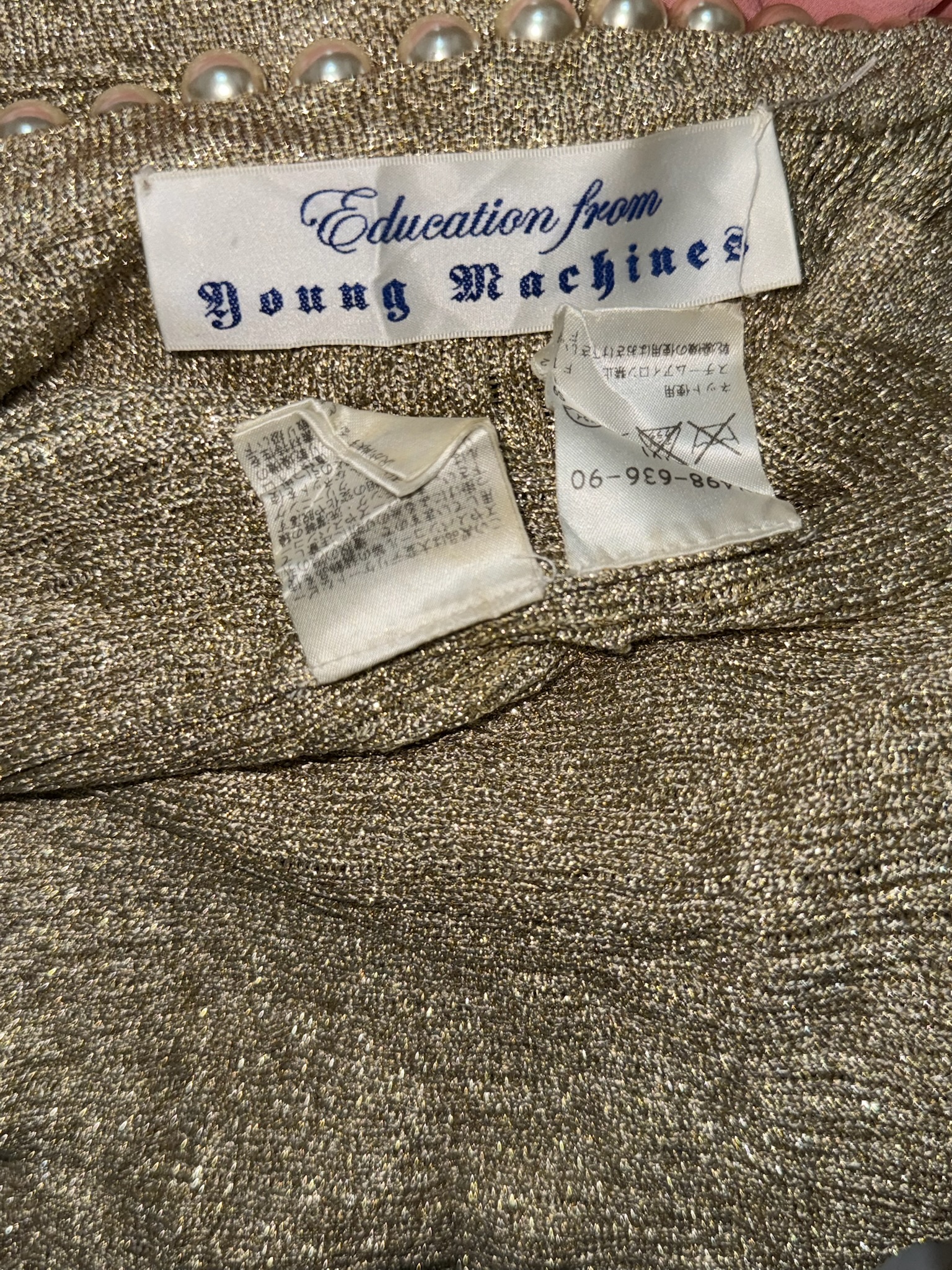 Vintage Gold Metallic Ribbed Sleeveless Top with Faux Pearl Neckline