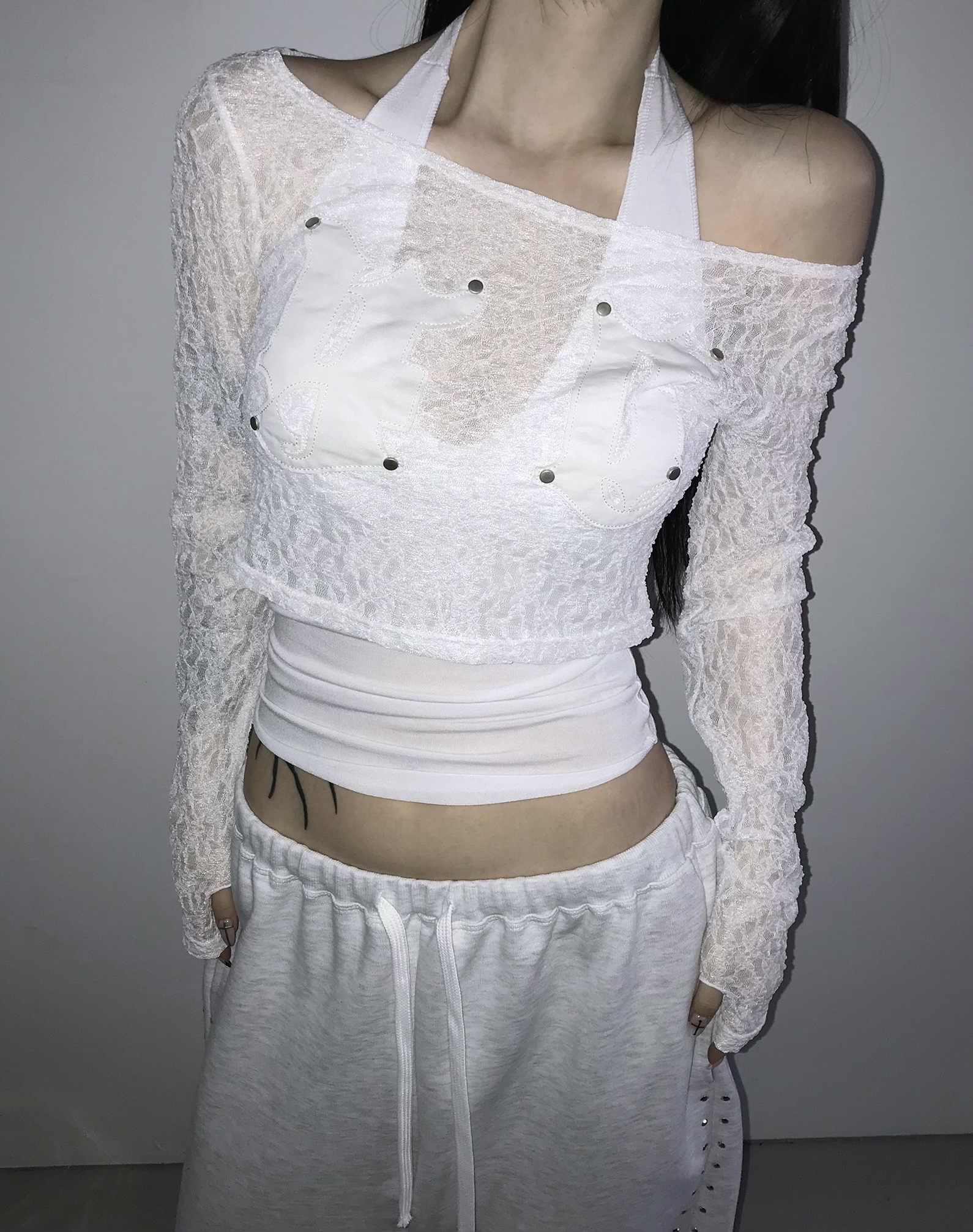 Sheer Lace Round Neck Crop Top