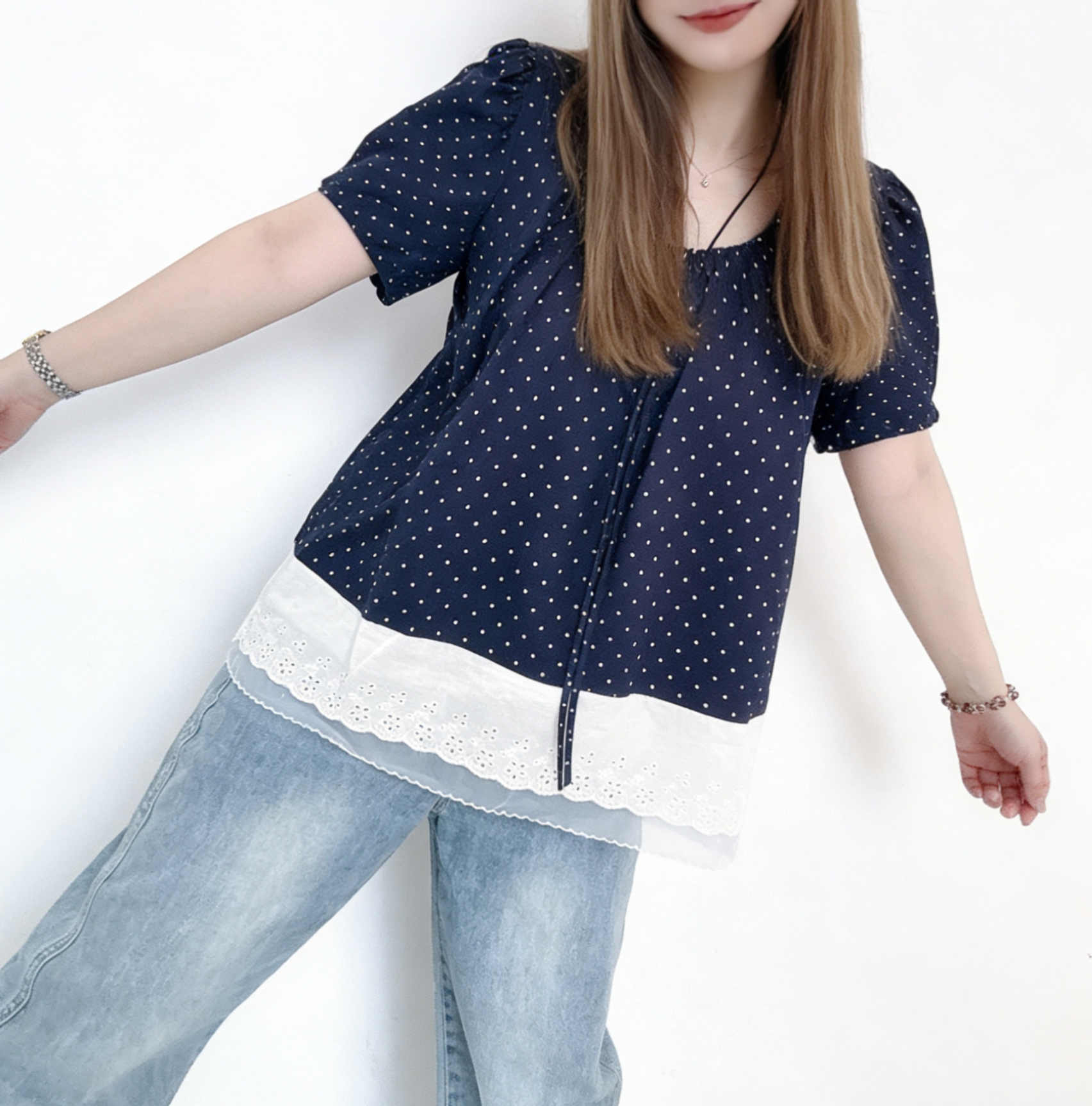 🌼初春優惠🍀 波點拼接網紗Top