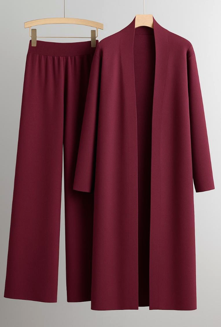 Long Knitted Open Front Cardigan and Sleek Pants