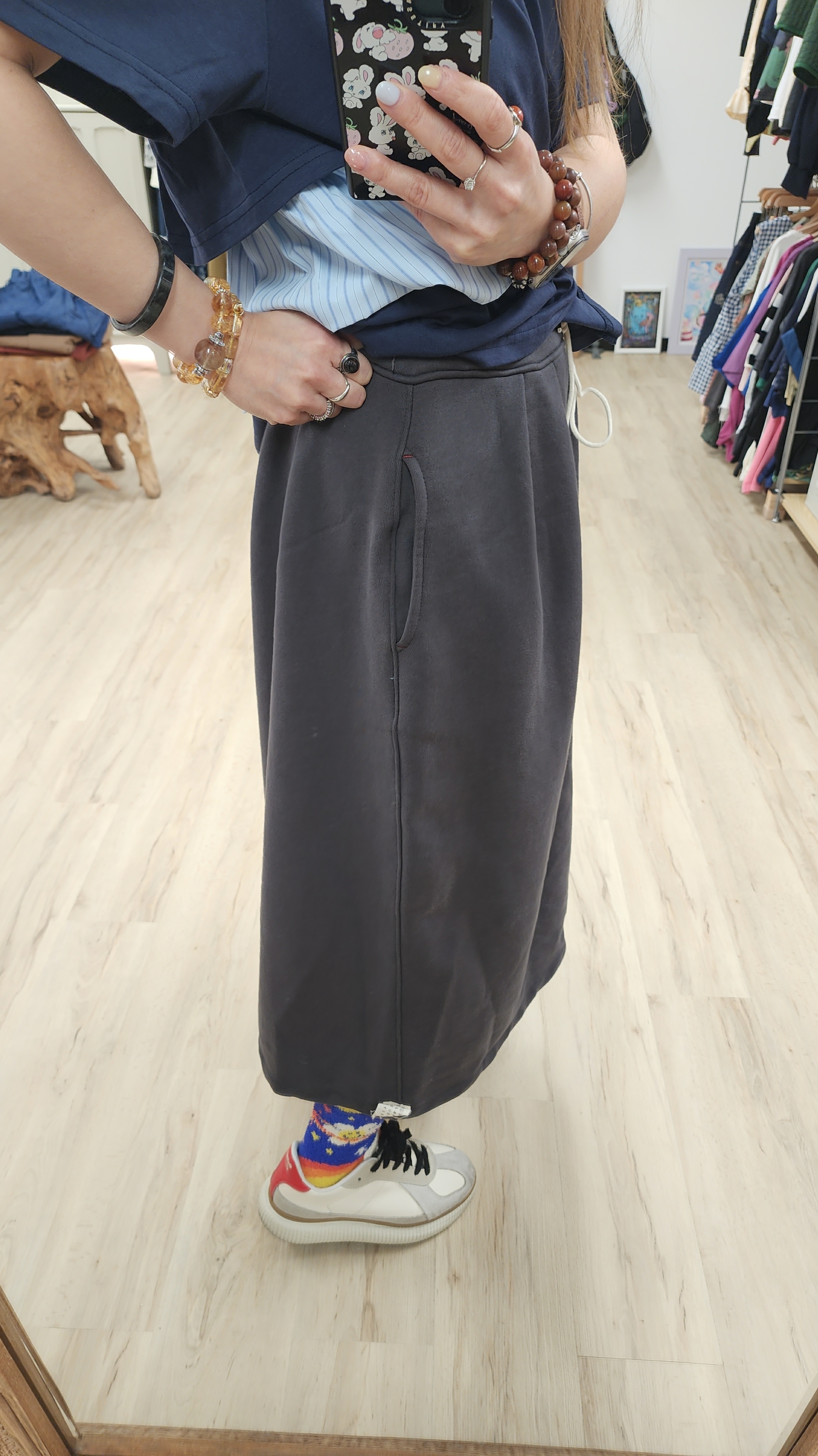 韓國炭灰綁繩棉料中長裙