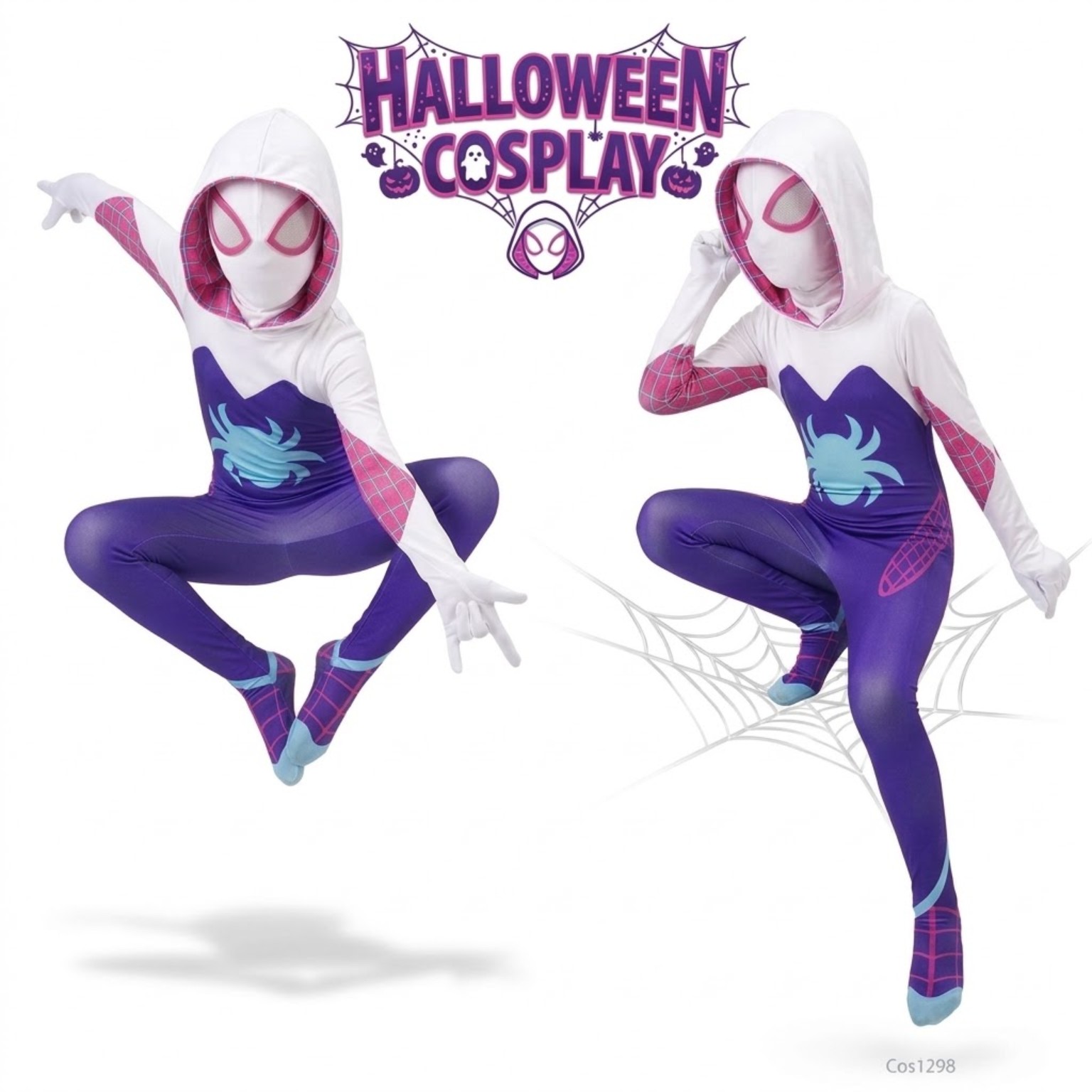 Let's Cosplay 女童Spider-Gwen女蜘蛛俠桂恩超級英雄服裝｜萬聖節學校角色扮演 COS1298