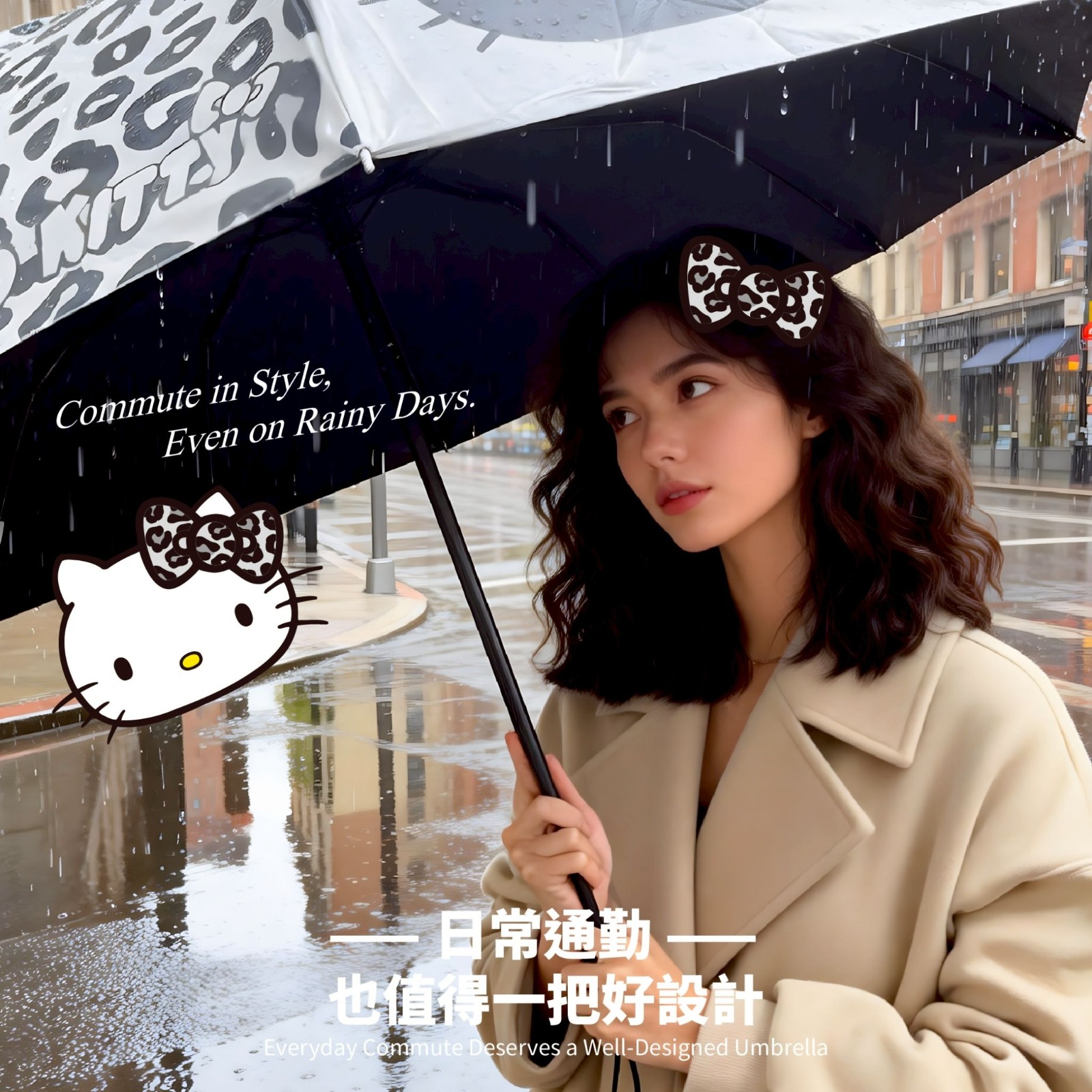 Hello Kitty 27吋巨無霸折疊手開傘（豹紋款）