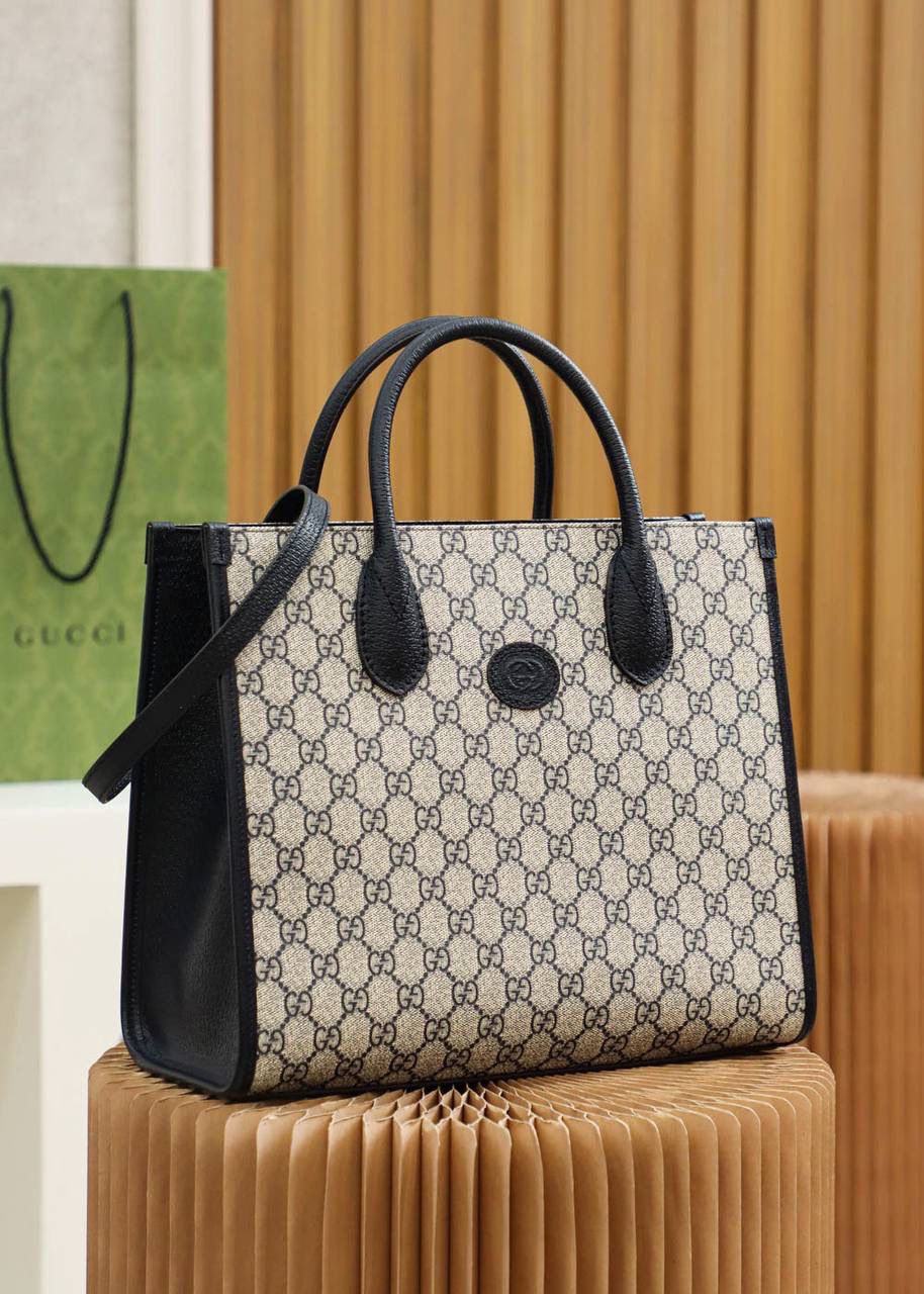 Gucci Signature Print Tote Bag with Leather Trim