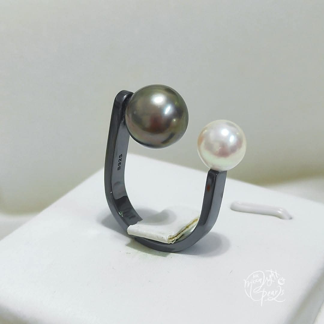 特價品‼️正圓極強光大溪地海水珍珠+日本akoya櫻花粉海水珠精工s925銀暗黑元素雙珠戒指