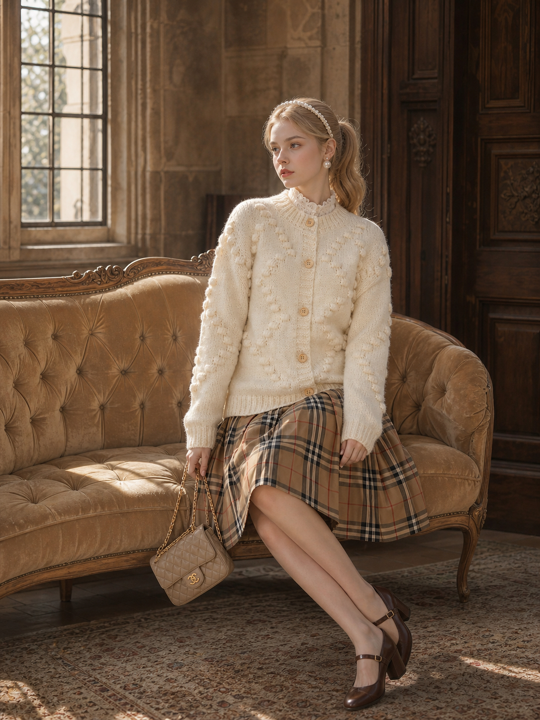 雪國森林的壁爐暖意 ∙ 鉤織立體波紋古董羊毛冷外套 Snowy Forest Fireside Warmth ∙ Vintage Hand-Crocheted Bobble Wool Cardigan