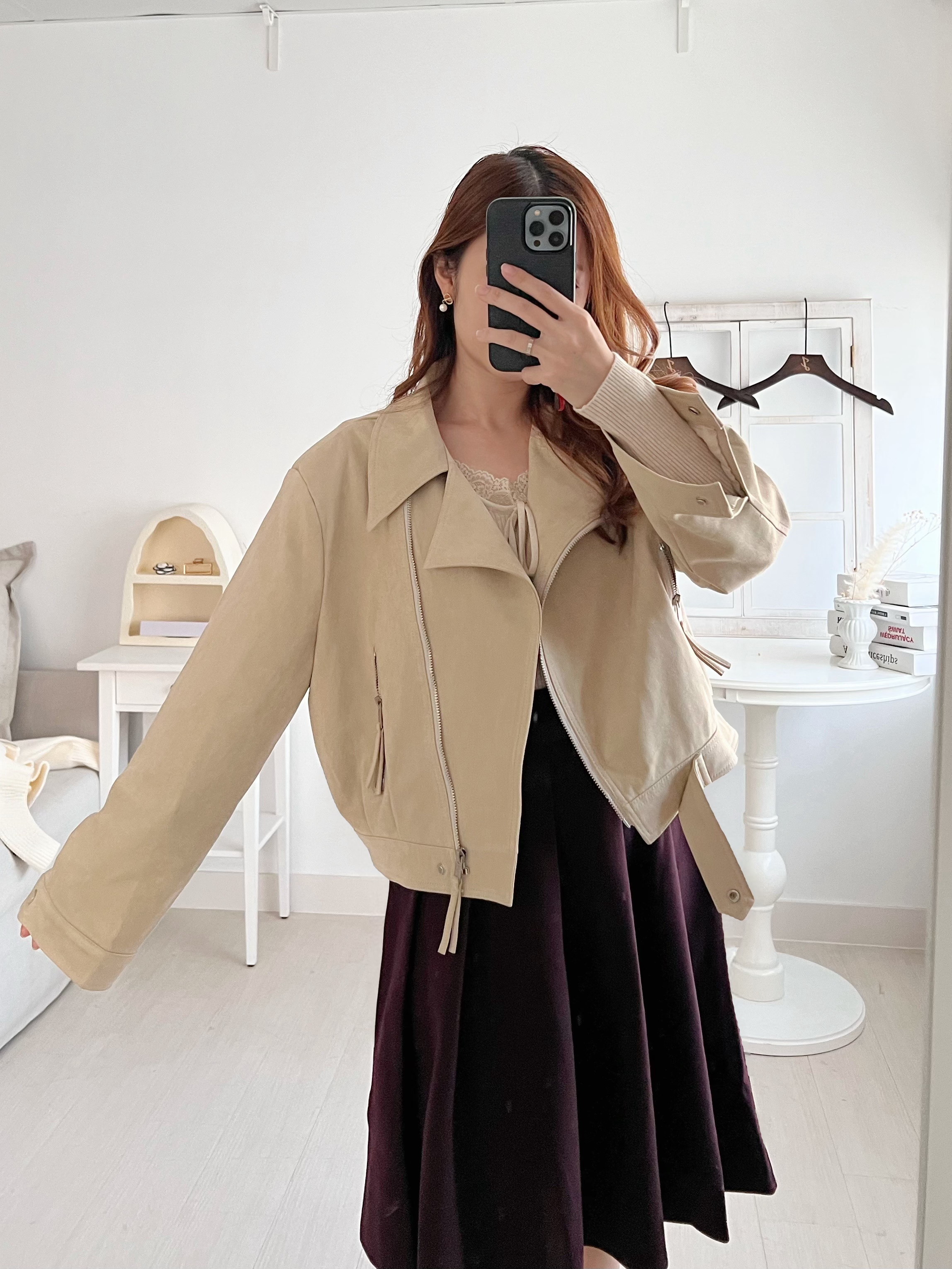 啞面磨砂Biker Jacket (KR)杏色318111