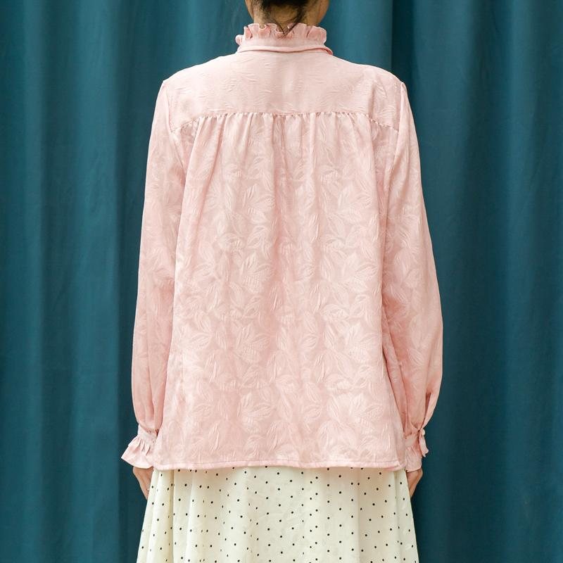 Vintage Japanese Leaf Textured Pink Ruffle Front & Cuff Blouse/Shirt (MT1604-8)