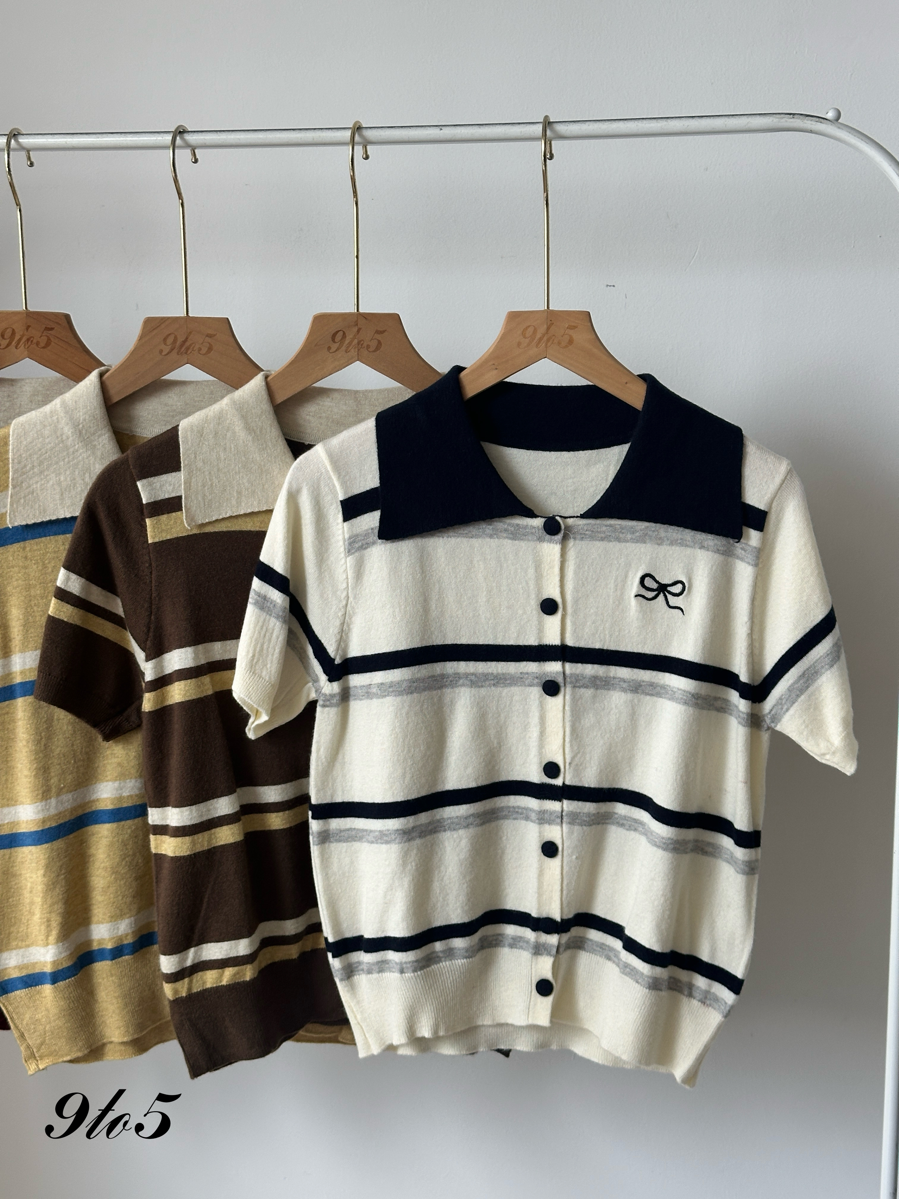 T4026 Striped Knit Polo Tee - 5 Colors