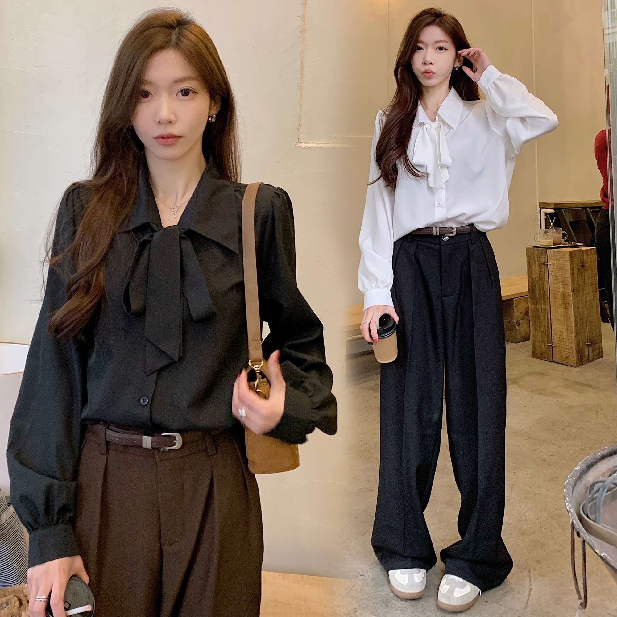 B147(7940) 法式通勤风蝴蝶结翻领灯笼袖黑白衬衫上衣 