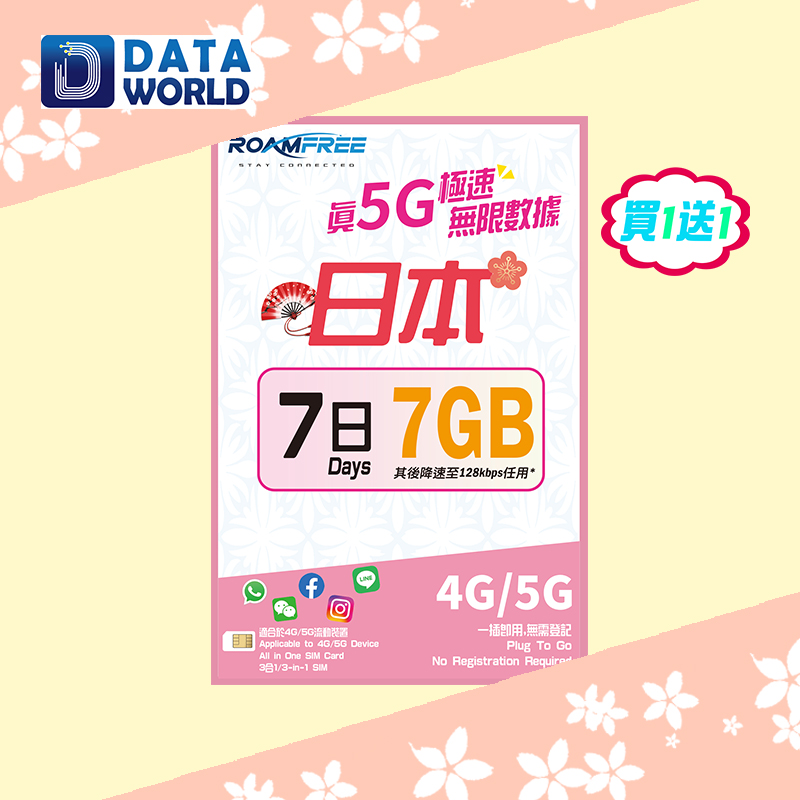【買1送1優惠】Roamfree X 3HK 4G/5G 日本7日無限數據卡 x2