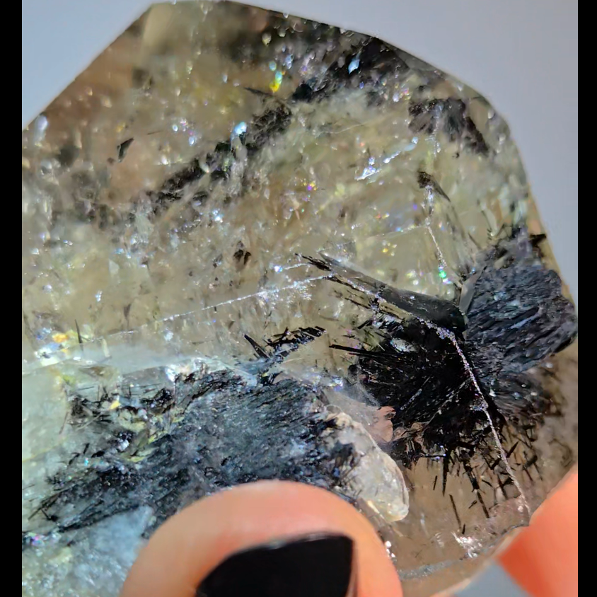 Black tourmaline inclusion smoky quartz with rainbows - RT1457