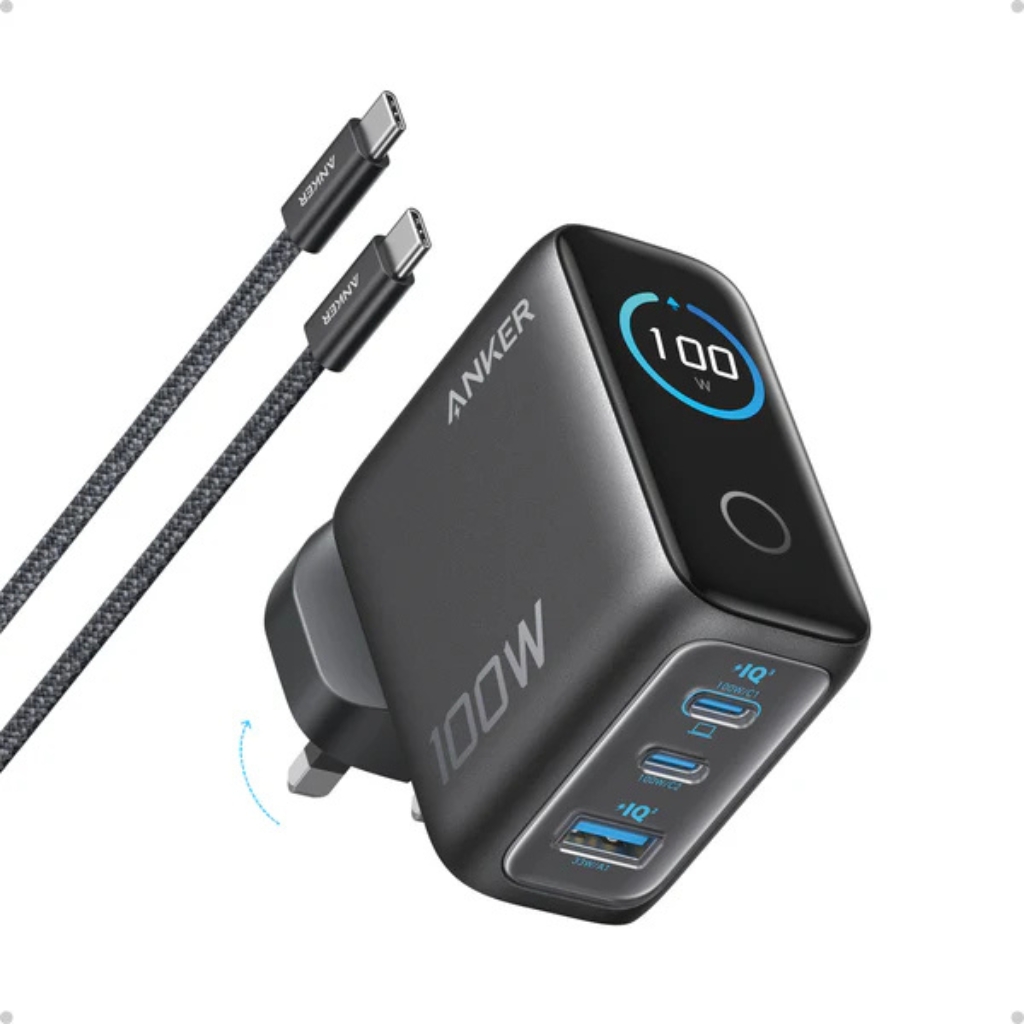 Anker 100W GaN 快充｜1 USB‑A + 2 USB‑C 端口・Smart Display 智能顯示｜附 USB‑C 高速充電線｜香港行貨