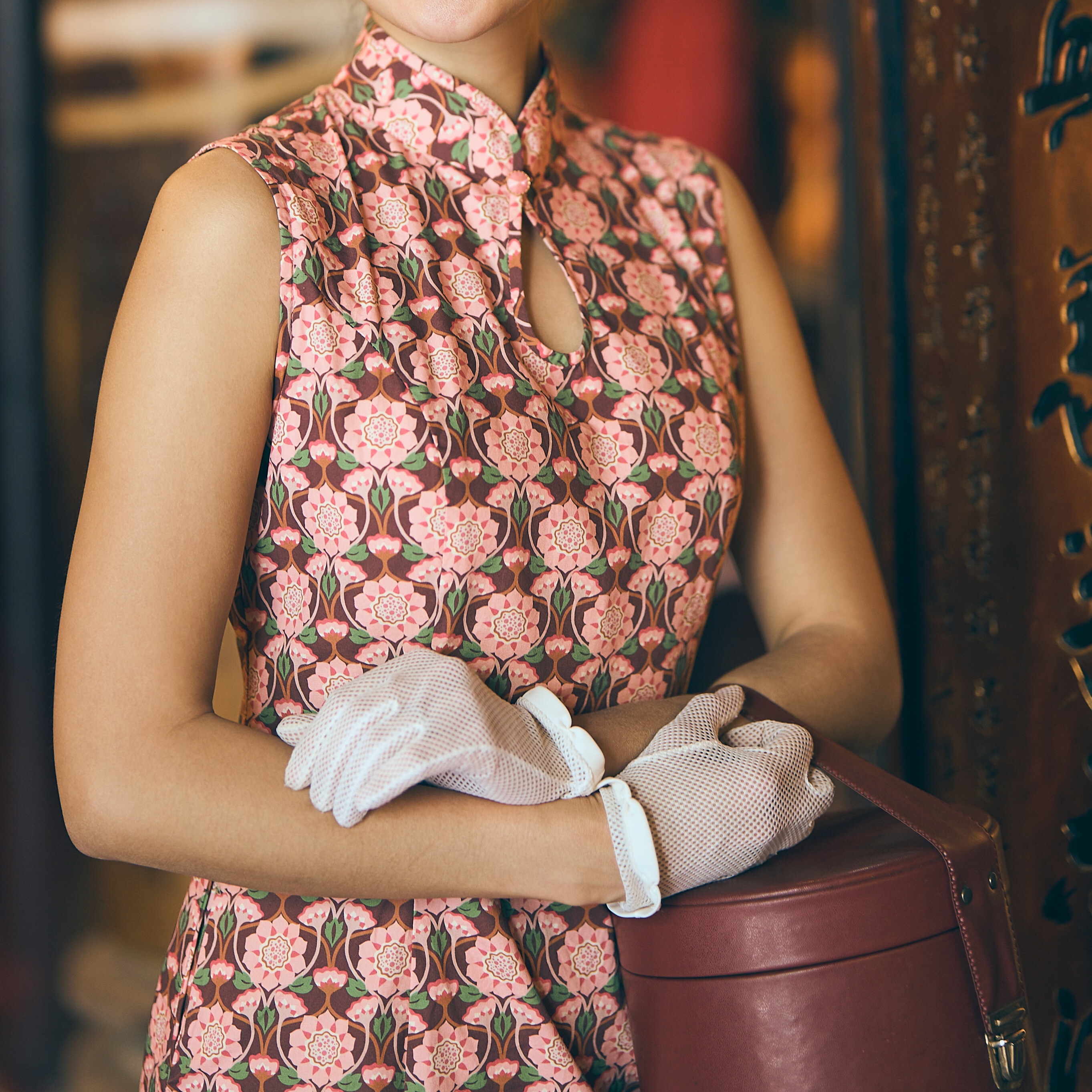 (Custom-Made)100% Organic Cotton 60s Style Floral Pattern Mandarin Collar Shift Dress(FM166)
