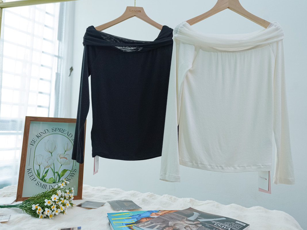 Contrast Mesh Bardot Neck Cotton Top ‖ 撞色柔纱拼接一字领棉质上衣 KR01681152