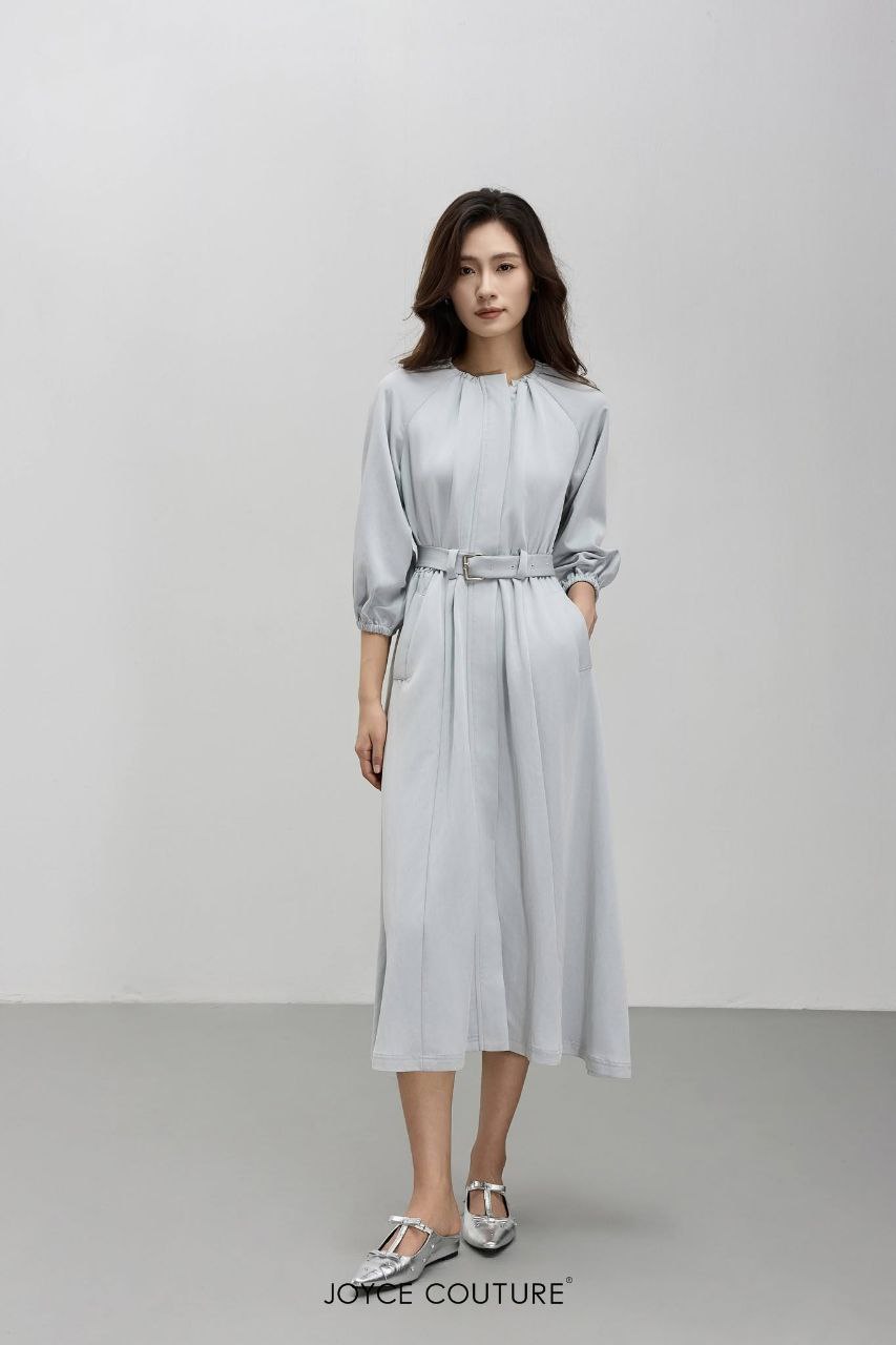 松紧褶领口中长连身裙 D0335