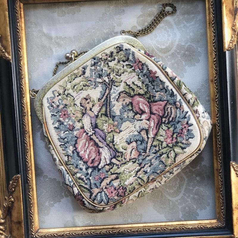 Vintage Mid-Century "Élégance Jérôme Style" Courting Couple Floral Tapestry Handbag(MT1918-2)