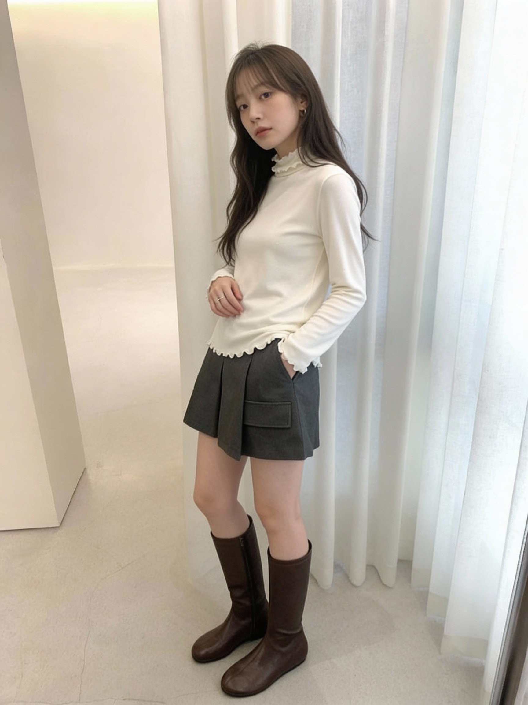 荷葉邊高領長袖上衣