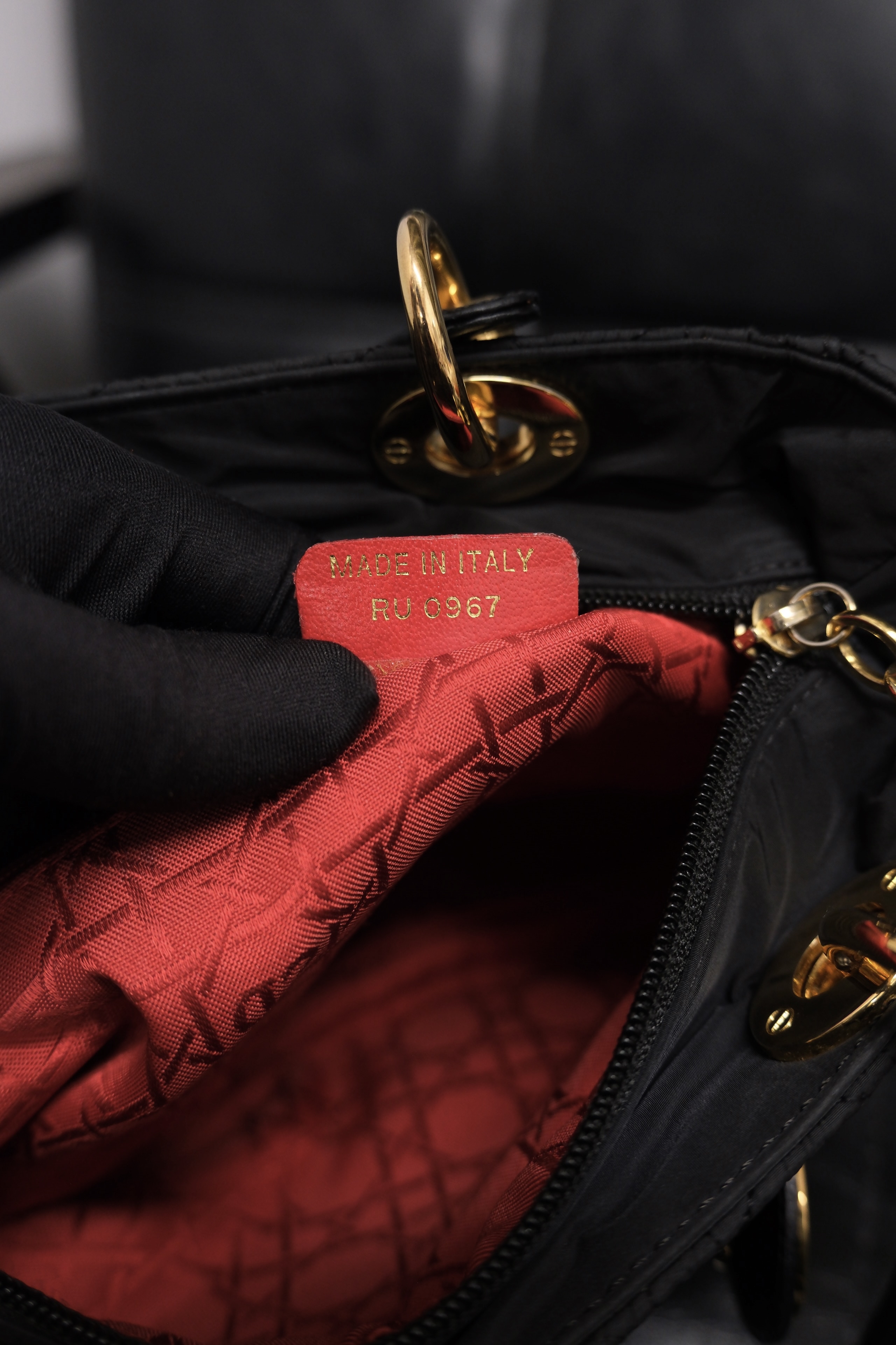 Dior Lady Dior Cannage Nylon Hand Bag Black Gold