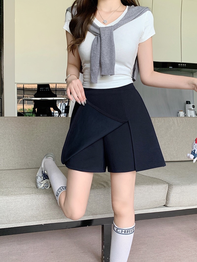 B318(24248) 韩版甜辣风显瘦下摆开角黑灰短裙